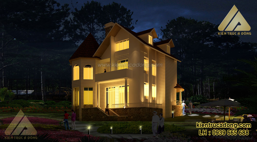 Phối cảnh công trình biệt thự cổ điển Pháp về đêm