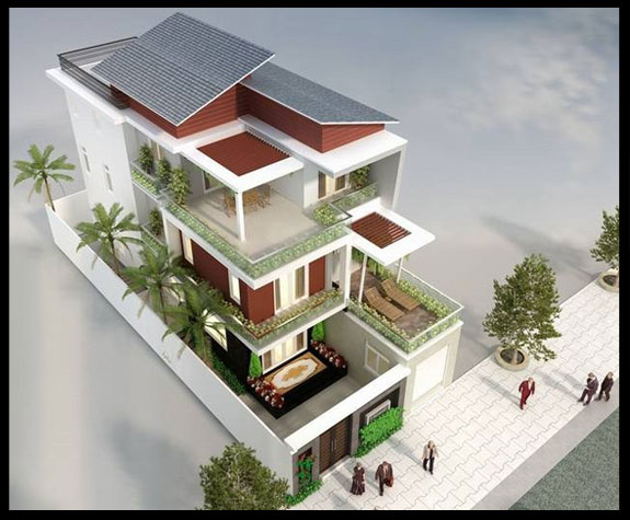 Biệt thự 3 tầng mái lệch